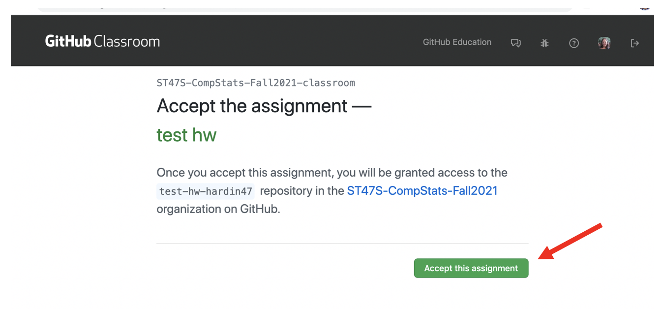 Screen shot of GitHub showing where to accept the assignment.