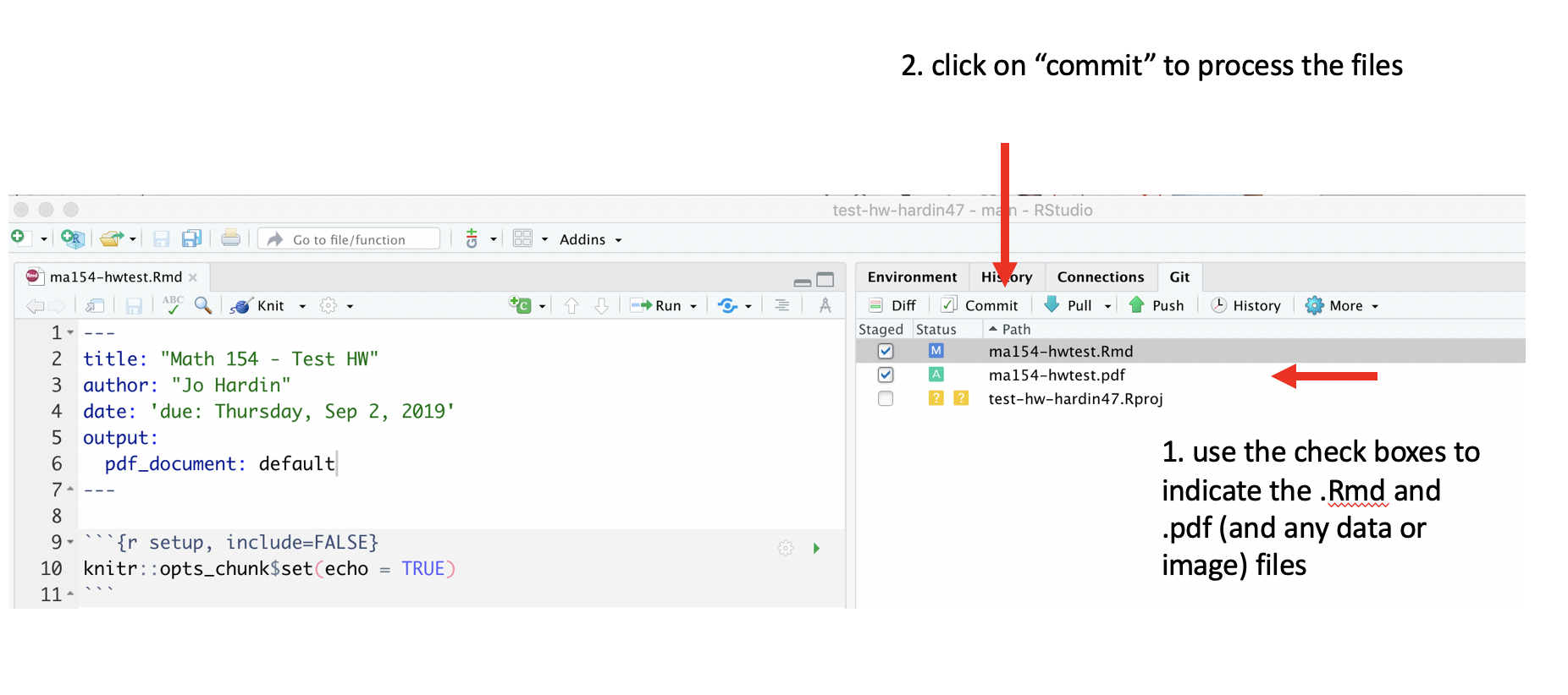 Screen shot of how to commit using the RStudio IDE.