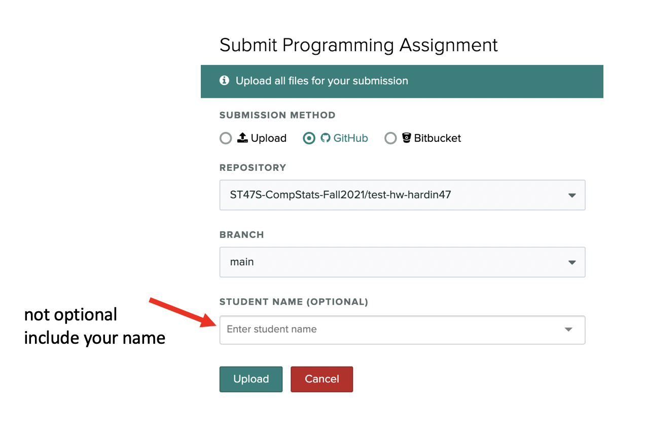 Screen shot of Gradescope instruction to submit via GitHub.