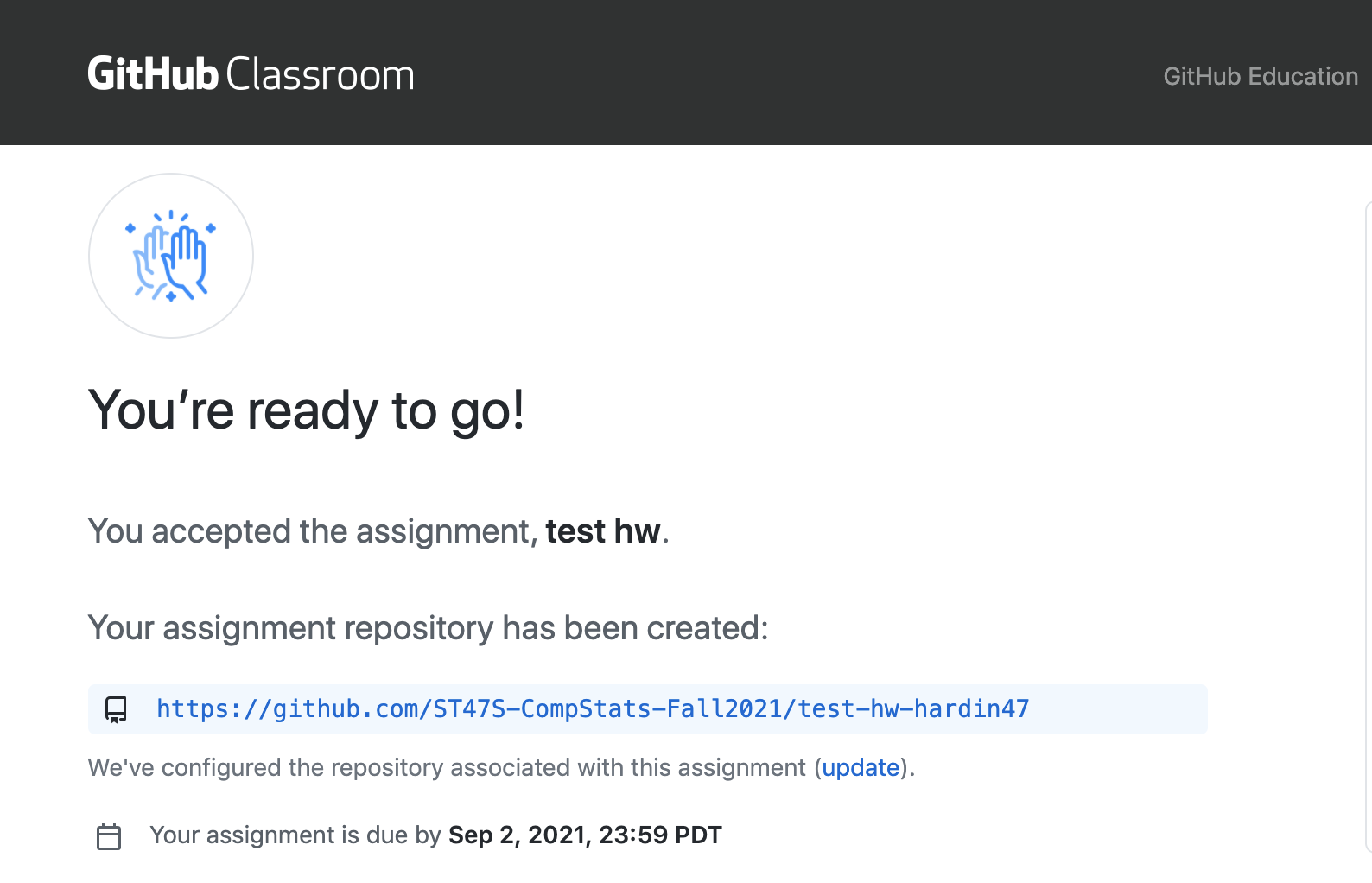 Screen shot of GitHub showing the new assignment repo.